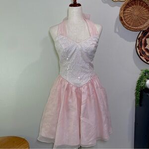 Vtg 80s Roberta Short Formal Prom Dress Gown Size 7/8 Pink Sequins Princess Bow